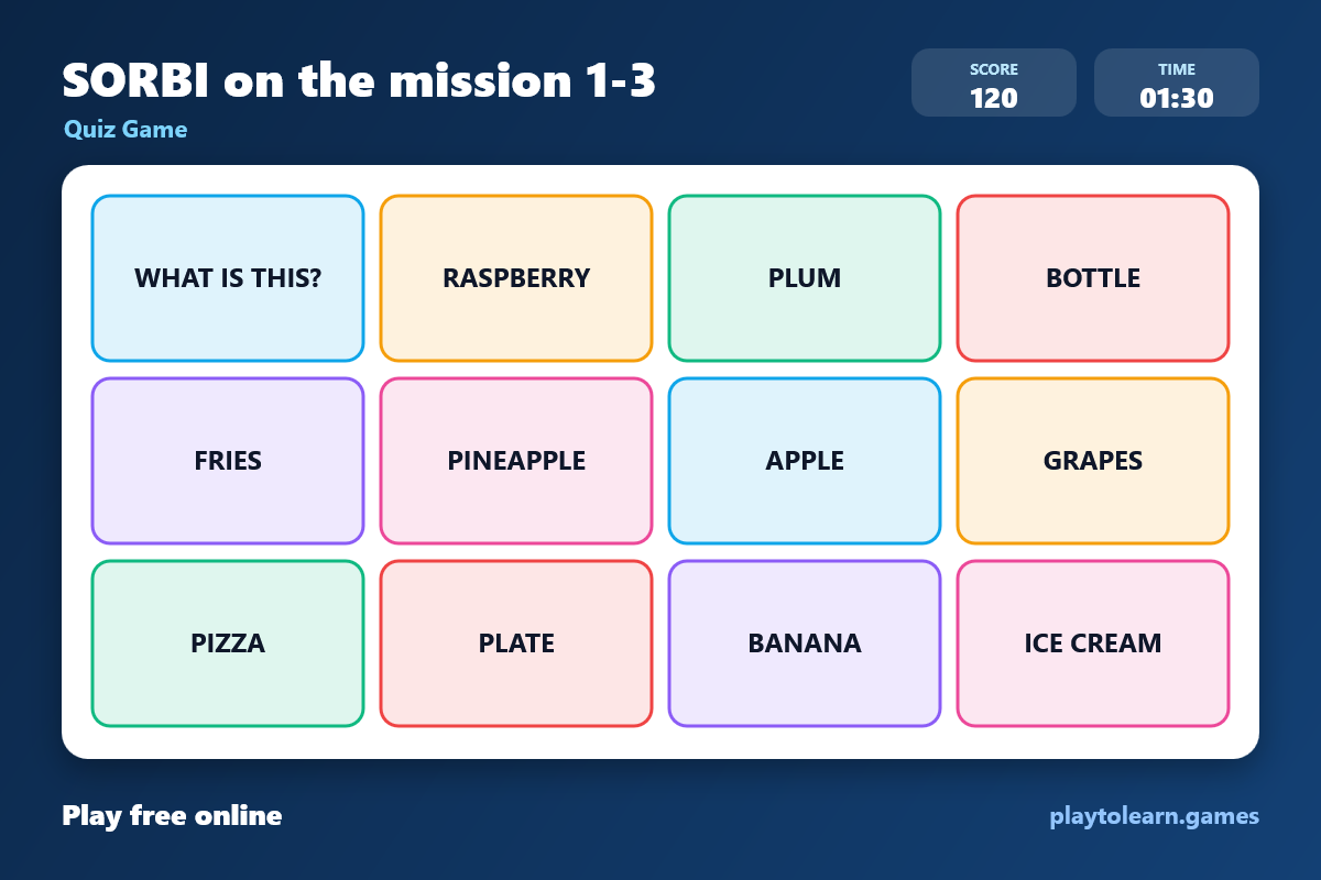 Sorbi on the mission 1-3 quiz game — printable worksheet preview — for Kindergarten