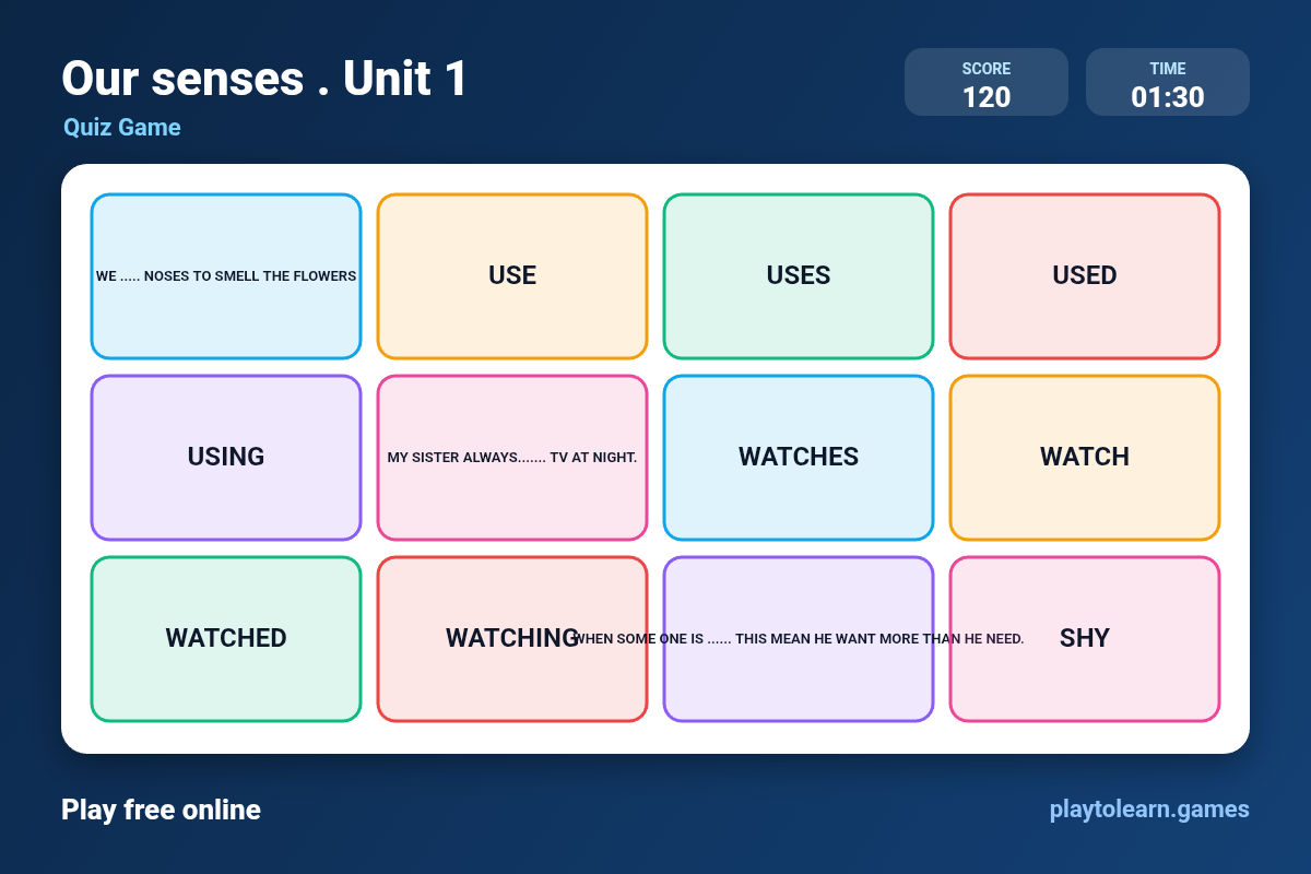 Our senses quiz game — printable worksheet preview — for 4th Grade