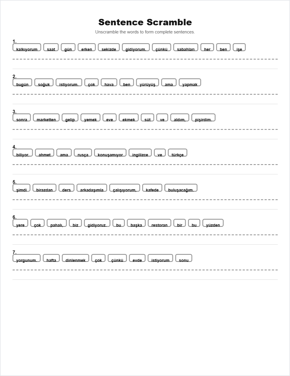 A1 darajada turkcha jumlalar. Turk tili888 sentence scramble — printable worksheet preview — for Pre-K