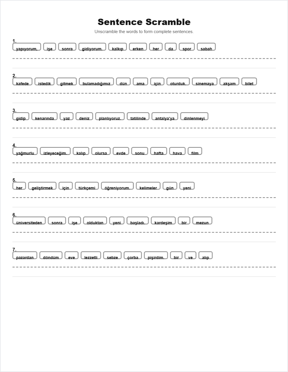A2 darajada turkcha jumla qurish.turk tili888 sentence scramble — printable worksheet preview — for Pre-K