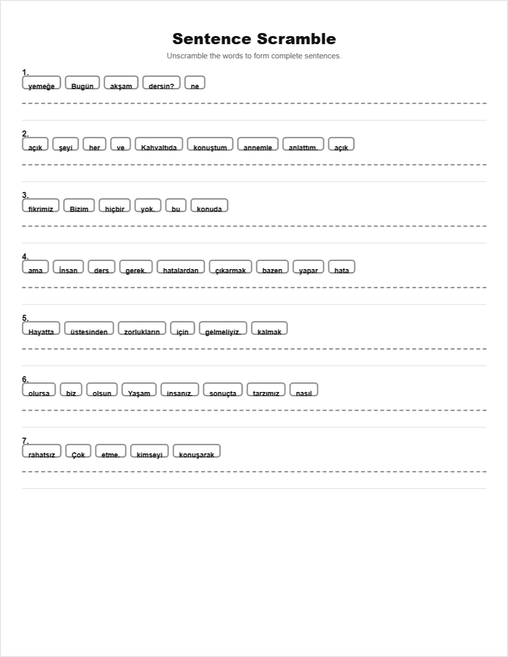 Turk tilida B1 jumlalarni qurish.Turk tili888 sentence scramble — printable worksheet preview — for Pre-K