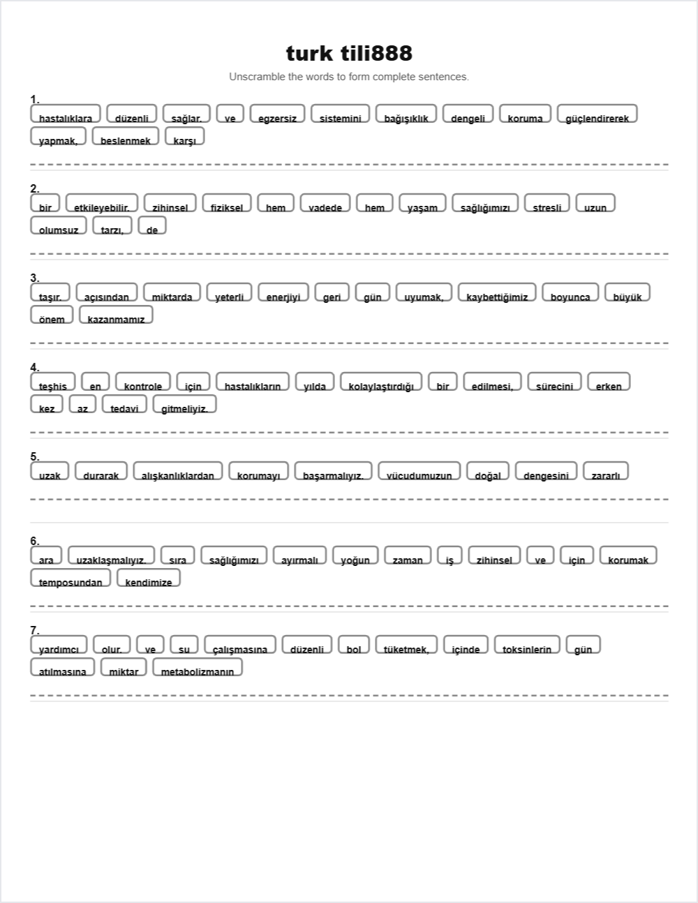 Turk tilida B1 jumlalarni qurish.Turk tili888 sentence scramble — printable worksheet preview — for Pre-K