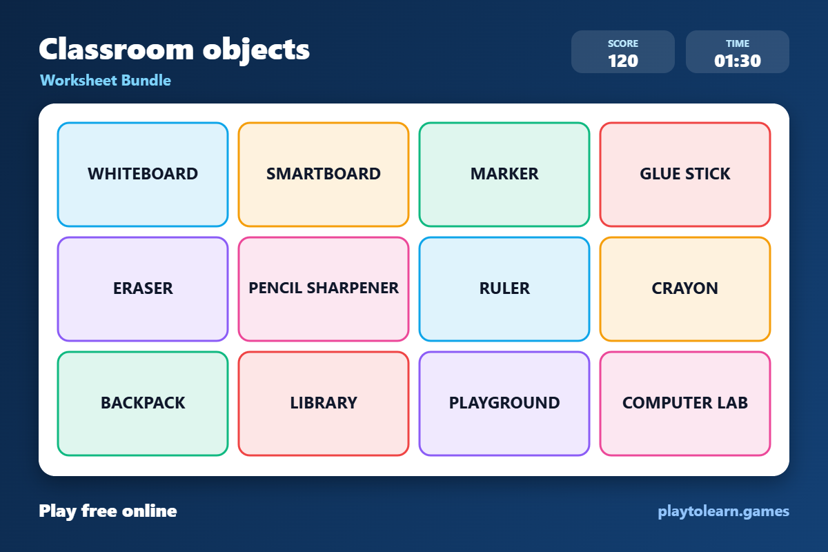 🏫 Classroom Objects worksheet bundle — printable worksheet preview — for 3rd Grade