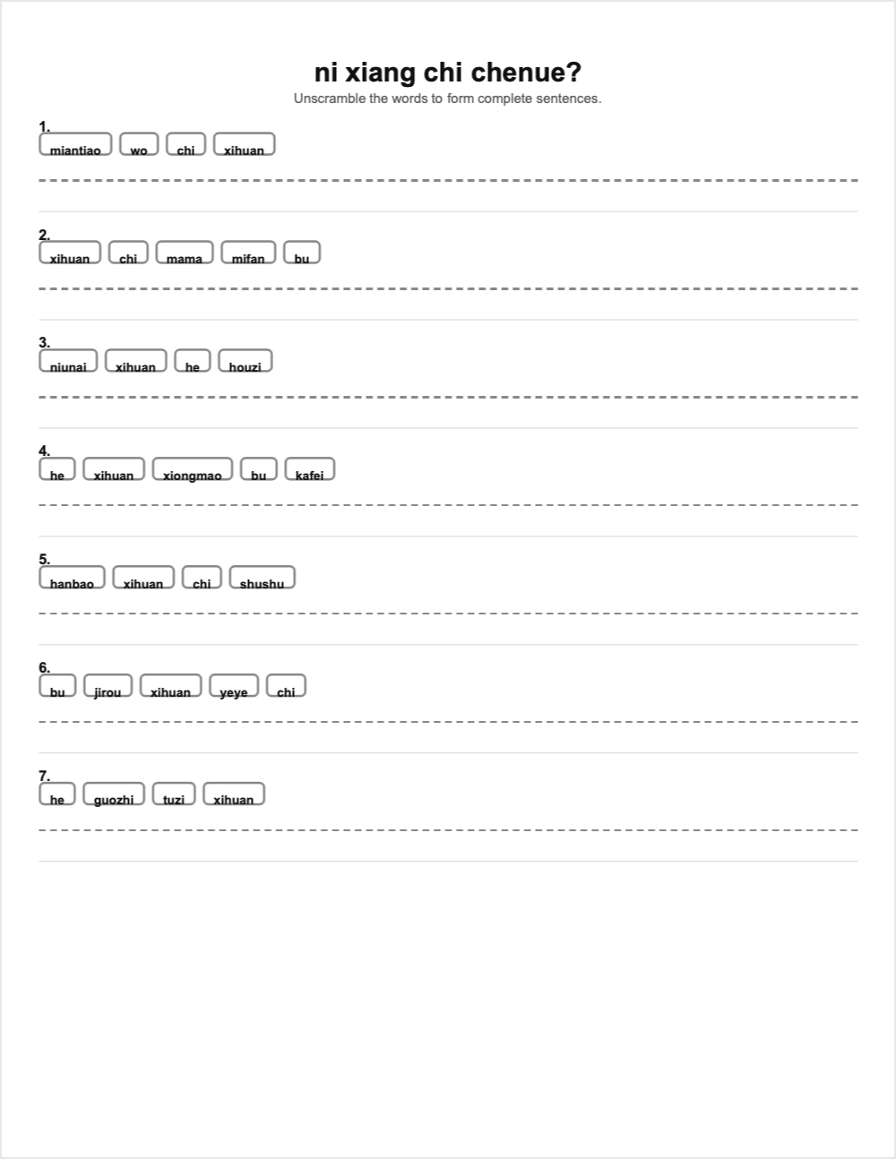 💍 Accessories sentence scramble — printable worksheet preview — for 3rd Grade