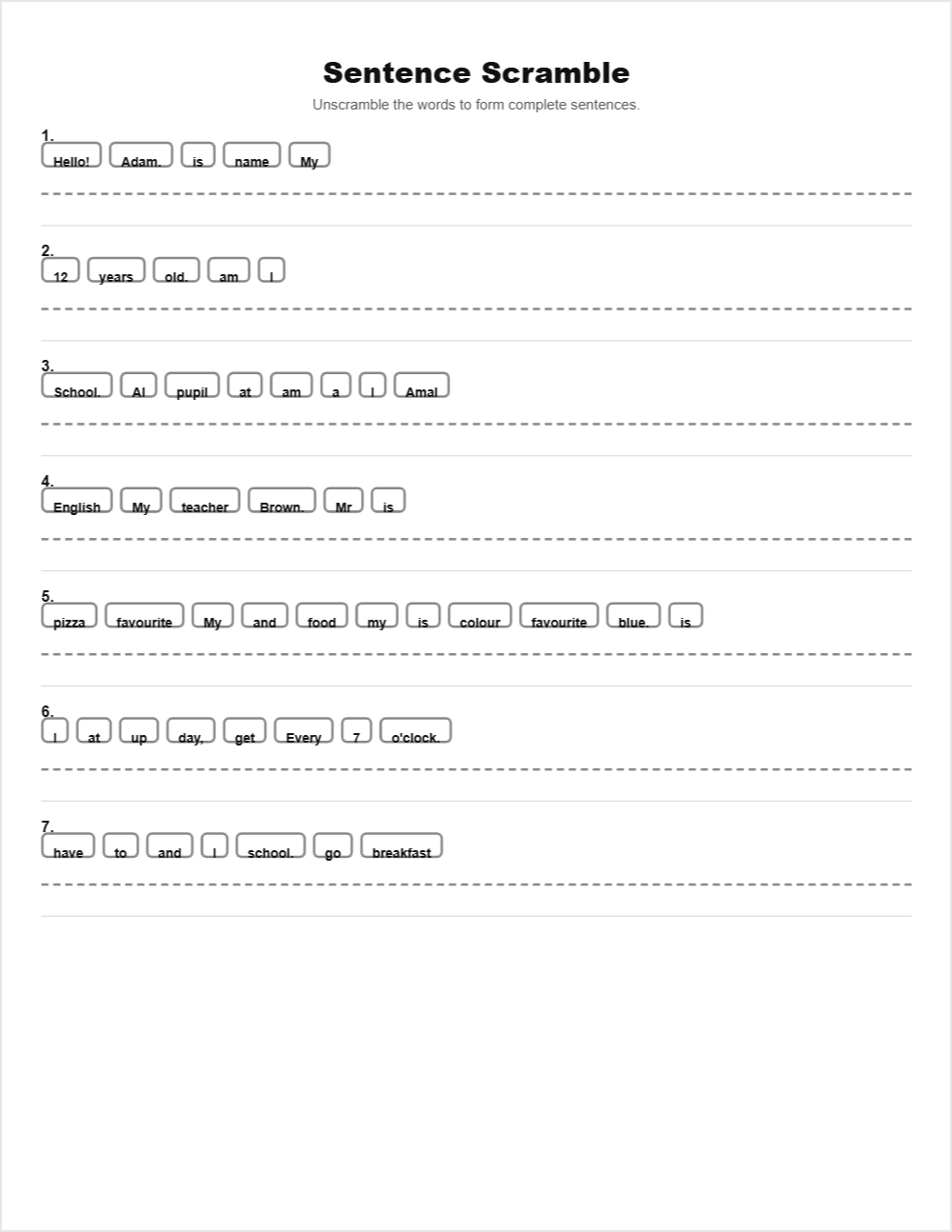 🏛️ Ancient Civilizations sentence scramble — printable worksheet preview — for 5th Grade