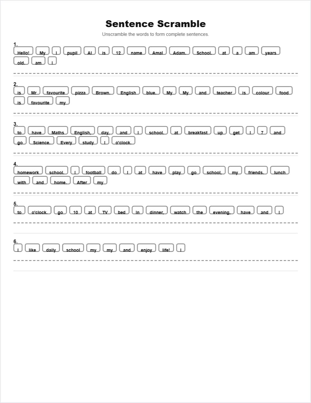 🪁 Toys and Games sentence scramble — printable worksheet preview — for 9th Grade