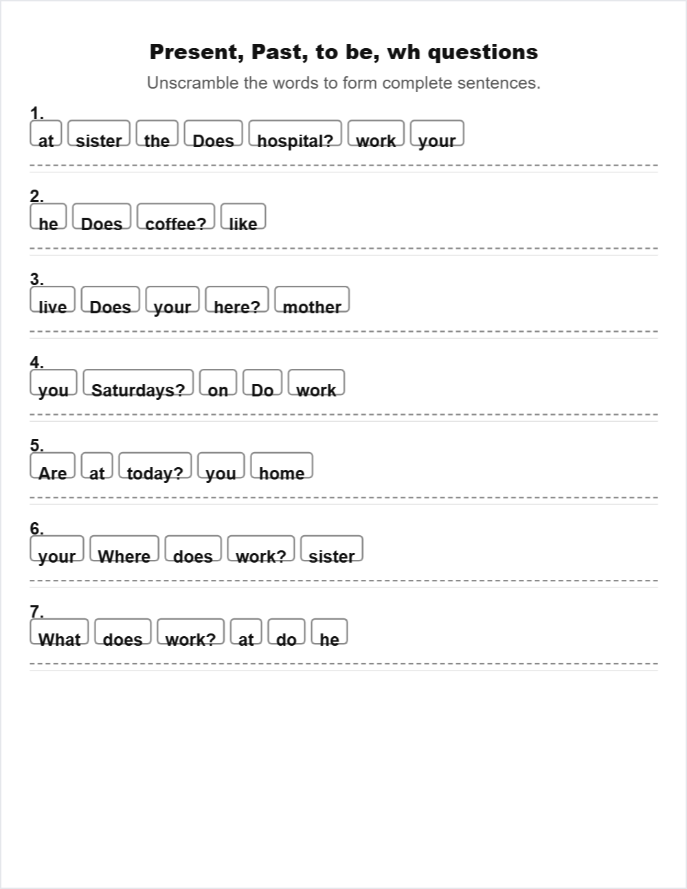 ⏰ Daily Routines sentence scramble — printable worksheet preview — for Adult