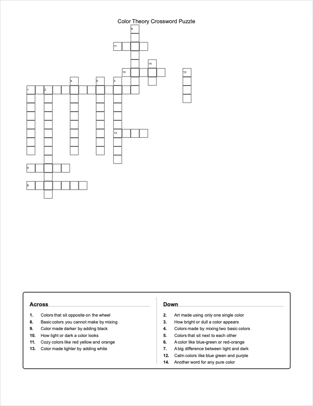 Color Theory crossword — printable worksheet preview — for 6th Grade, 7th Grade, 8th Grade