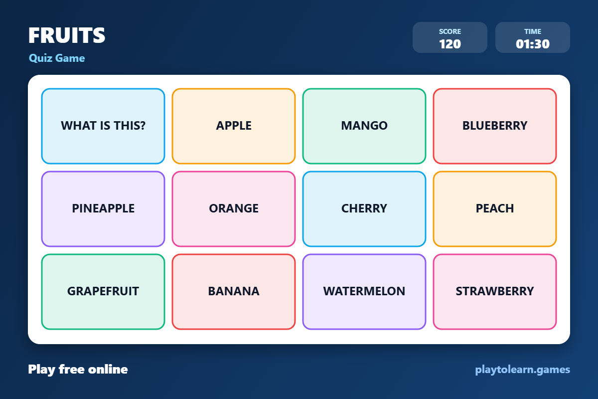 🍓 Fruits Food quiz game — printable worksheet preview — for 1st Grade