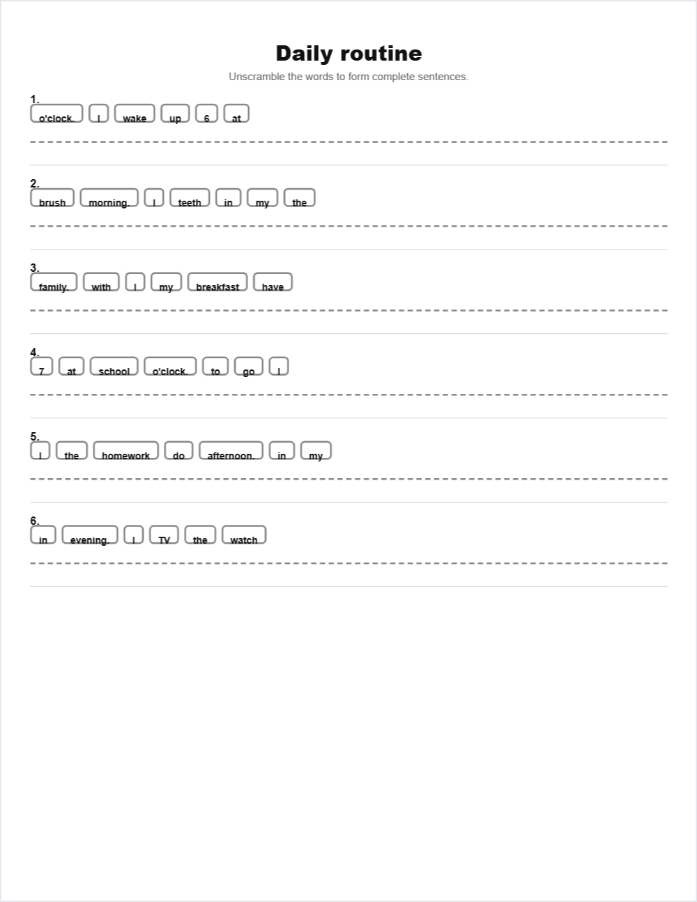 Daily routine sentence scramble — printable worksheet preview — for 7th Grade