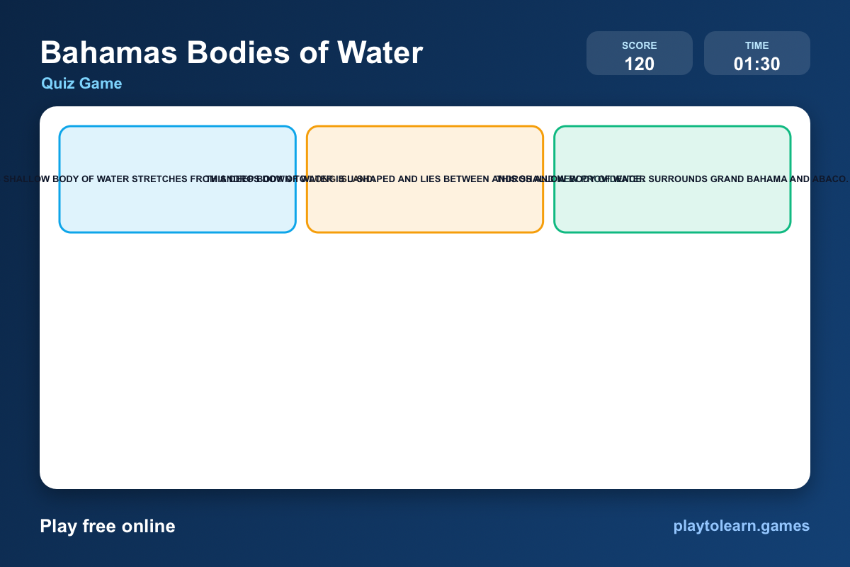 Bahamas Bodies of Water quiz game — printable worksheet preview — for 3rd Grade, 4th Grade, 5th Grade, 6th Grade, 7th Grade