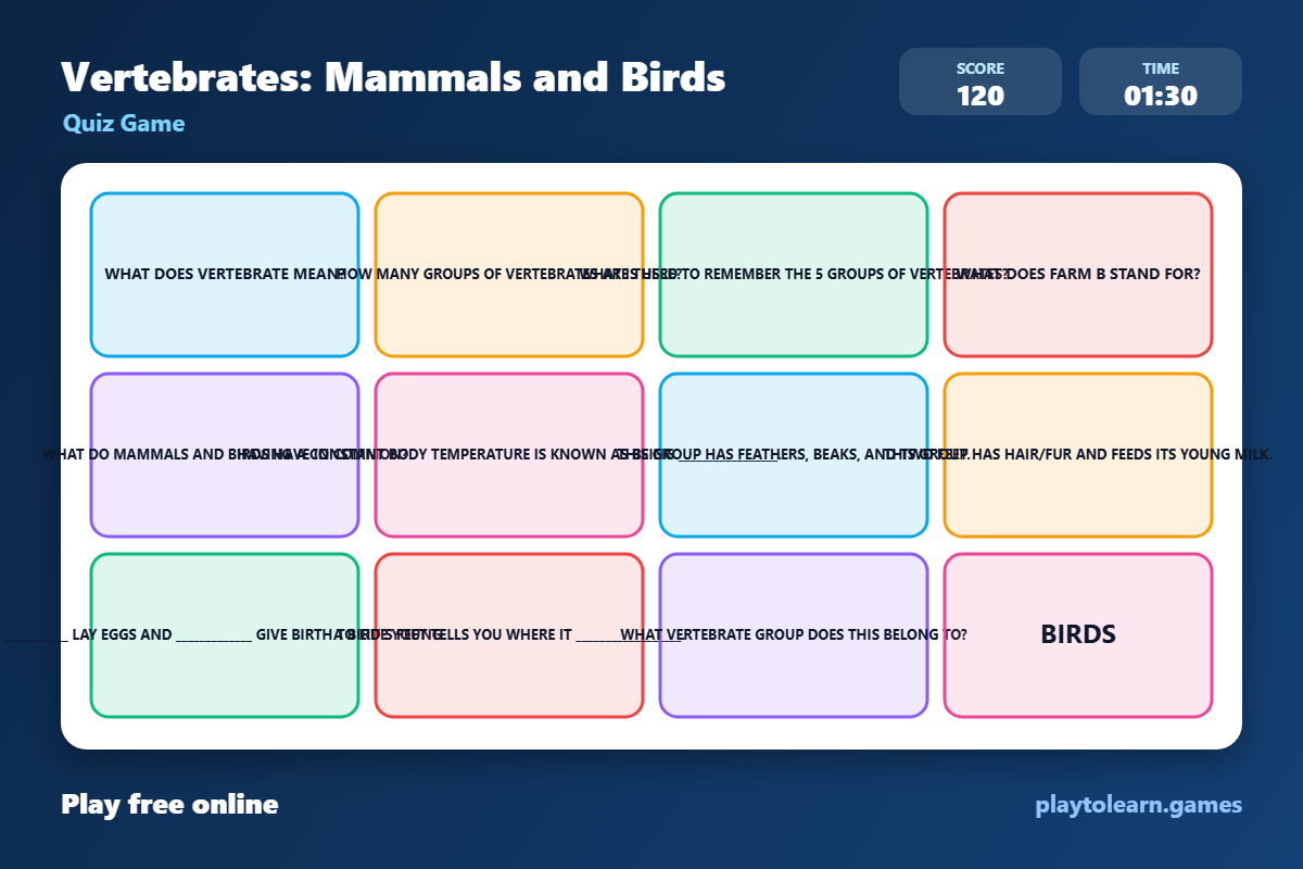 Vertebrates quiz game — printable worksheet preview — for 3rd Grade