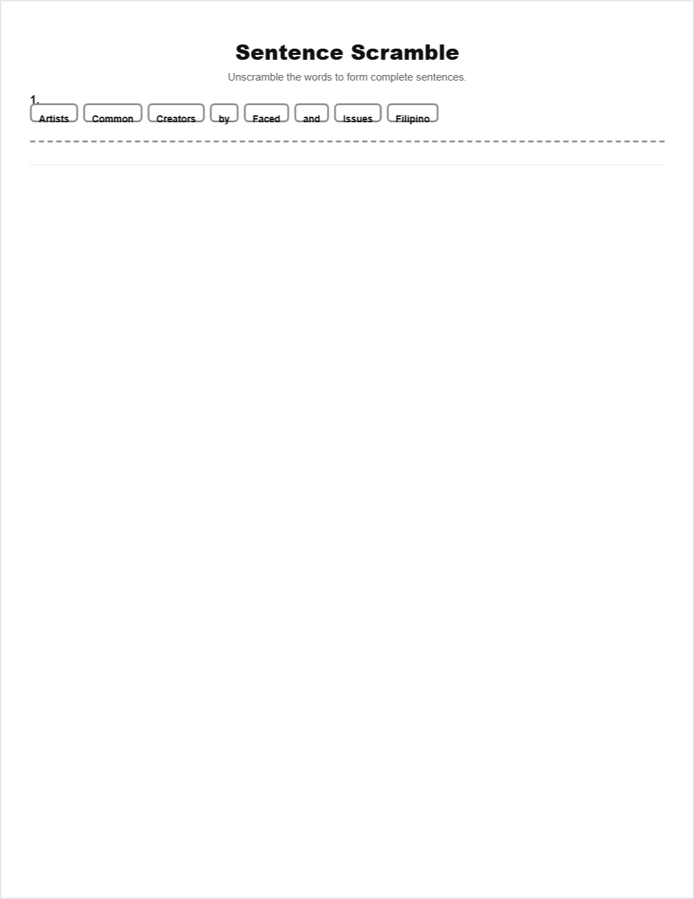 🎨 Art & Creativity sentence scramble — printable worksheet preview — for 10th Grade