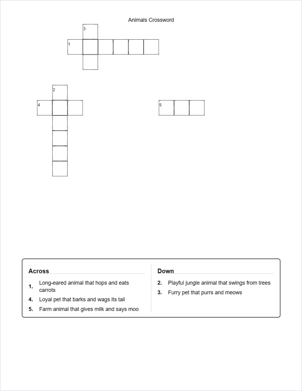 🐻 Animals crossword — printable worksheet preview — for Kindergarten
