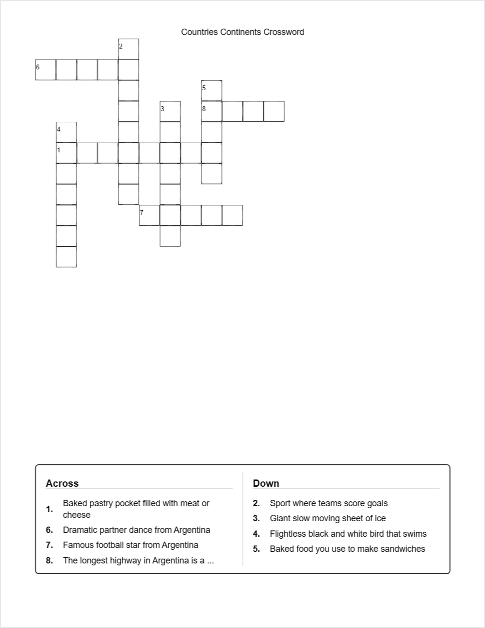 🗺️ Countries & Continents crossword — printable worksheet preview — for 3rd Grade