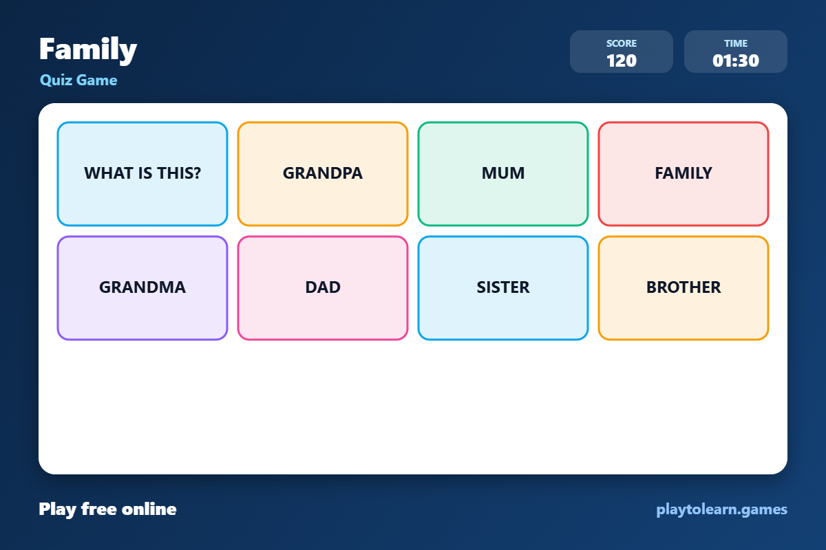👨‍👩‍👧‍👦 Family Members quiz game — printable worksheet preview — for Pre-K