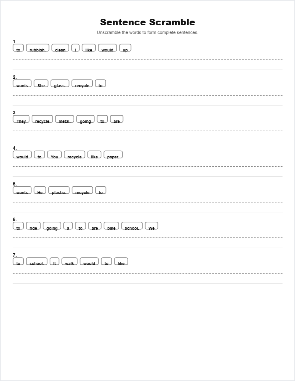 ♻️ Recycling & Environment sentence scramble — printable worksheet preview — for 4th Grade