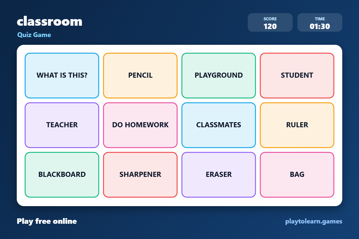 🏫 Classroom Objects quiz game — printable worksheet preview — for 4th Grade