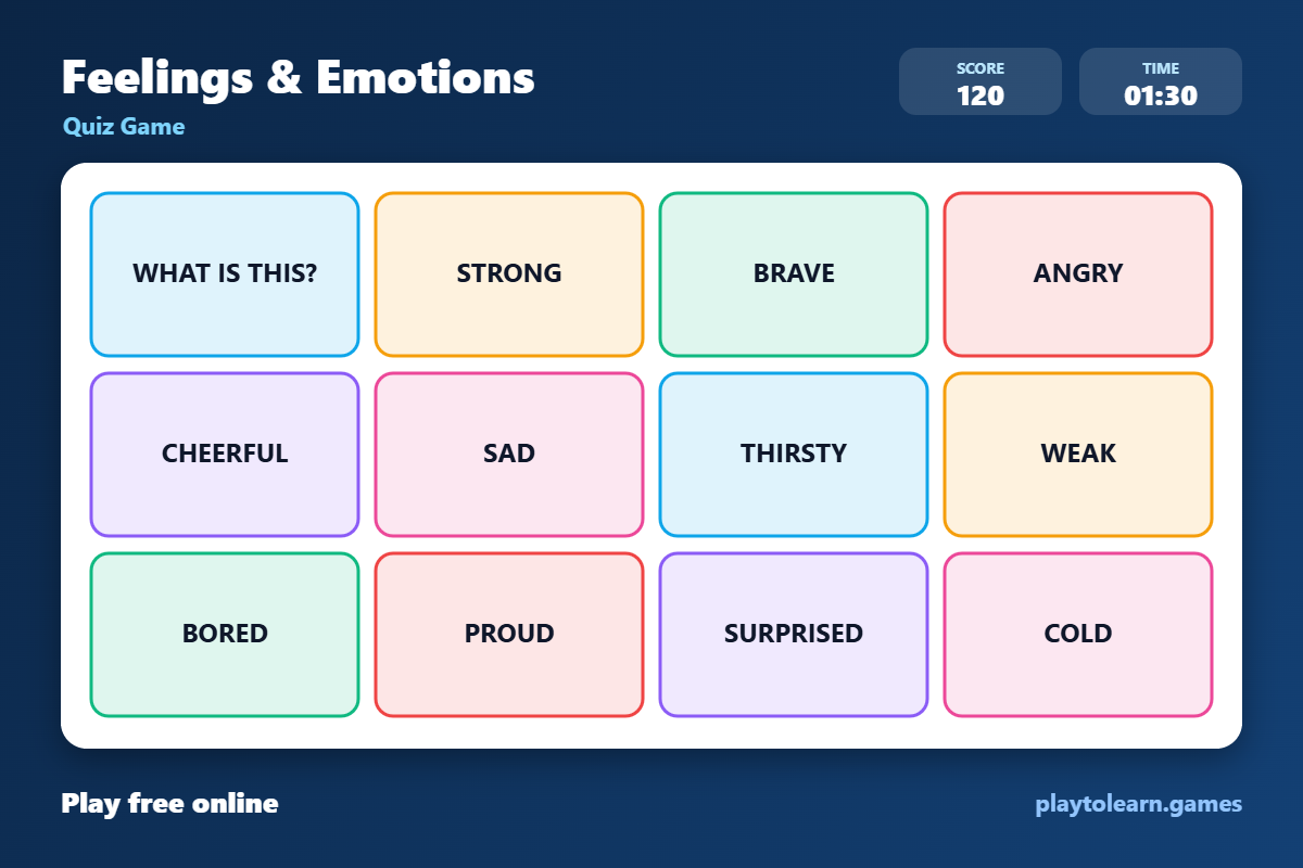 😊 Feelings and Emotions quiz game — printable worksheet preview — for 5th Grade, 6th Grade