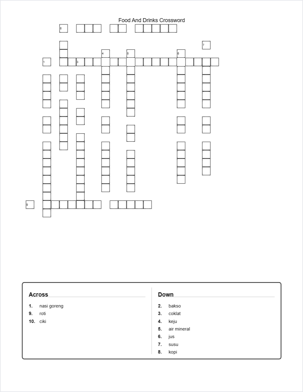 Food and Drinks crossword — printable worksheet preview — for 5th Grade