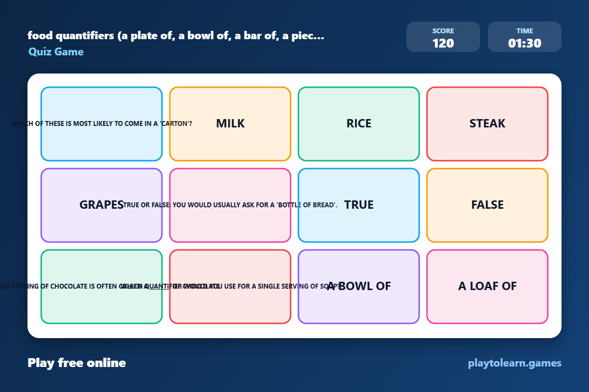 food quantifiers quiz game — printable worksheet preview — for 5th Grade