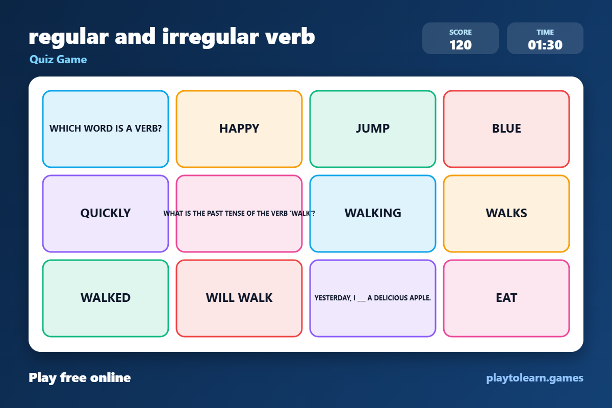 regular and irregular verb quiz game — printable worksheet preview — for 6th Grade