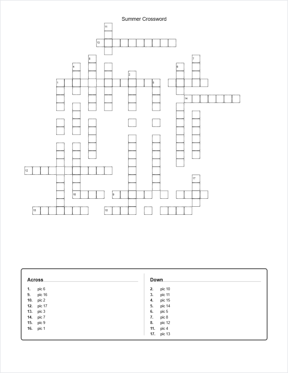 Summer crossword — printable worksheet preview — for 4th Grade