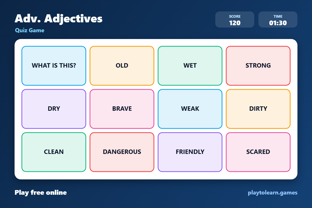 Adjectives quiz game — printable worksheet preview — for 3rd Grade, 4th Grade