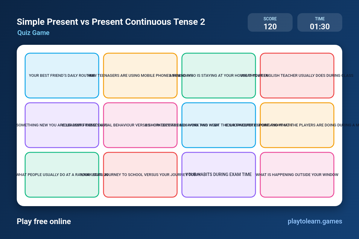 Present Tenses quiz game — printable worksheet preview — for 5th Grade