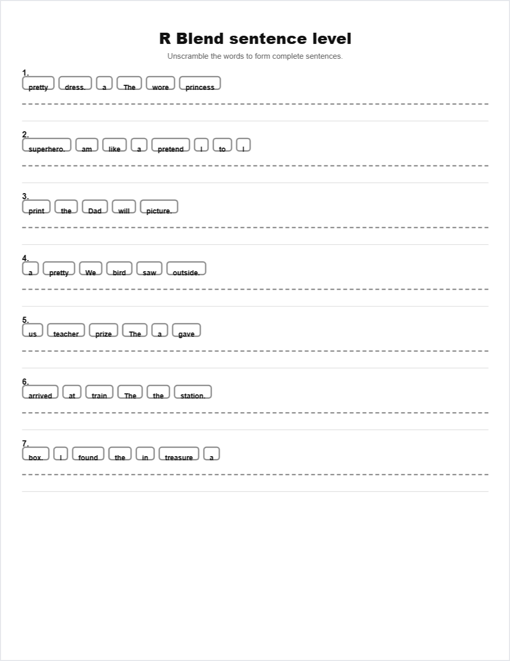 R Blends sentence scramble — printable worksheet preview — for 2nd Grade