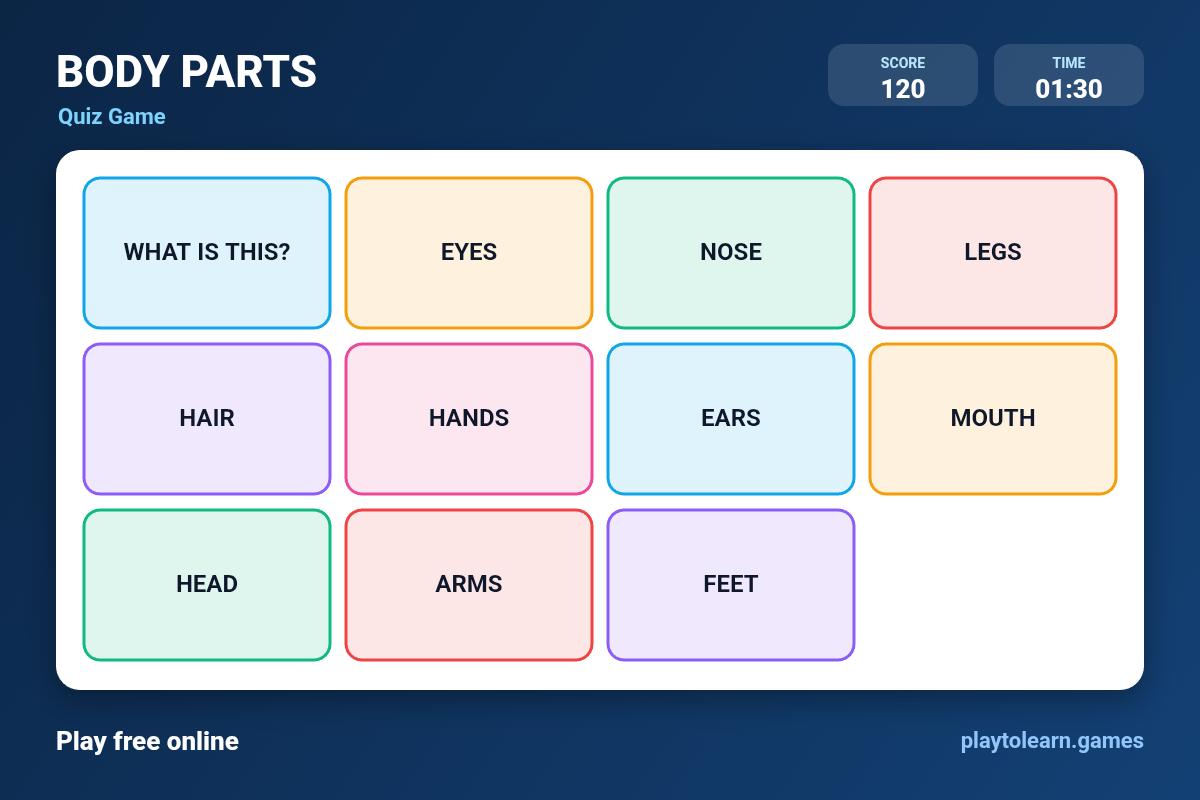 BODY PARTS quiz game — printable worksheet preview — for 1st Grade