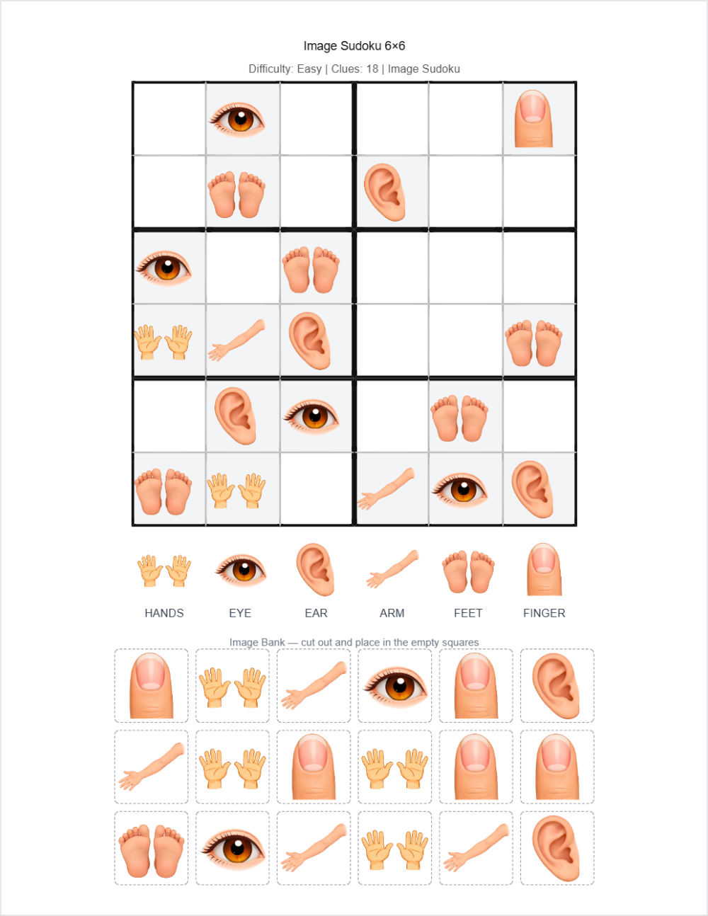 ๐งโโ๏ธ Body Parts sudoku โ printable worksheet preview โ for Kindergarten, 1st Grade, 2nd Grade, 3rd Grade