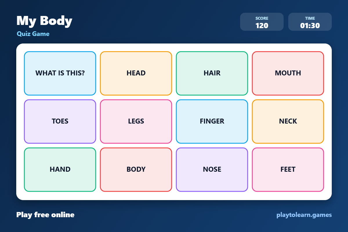 🧍♀️ Body Parts quiz game — printable worksheet preview — for Pre-K, Kindergarten, 1st Grade, 2nd Grade