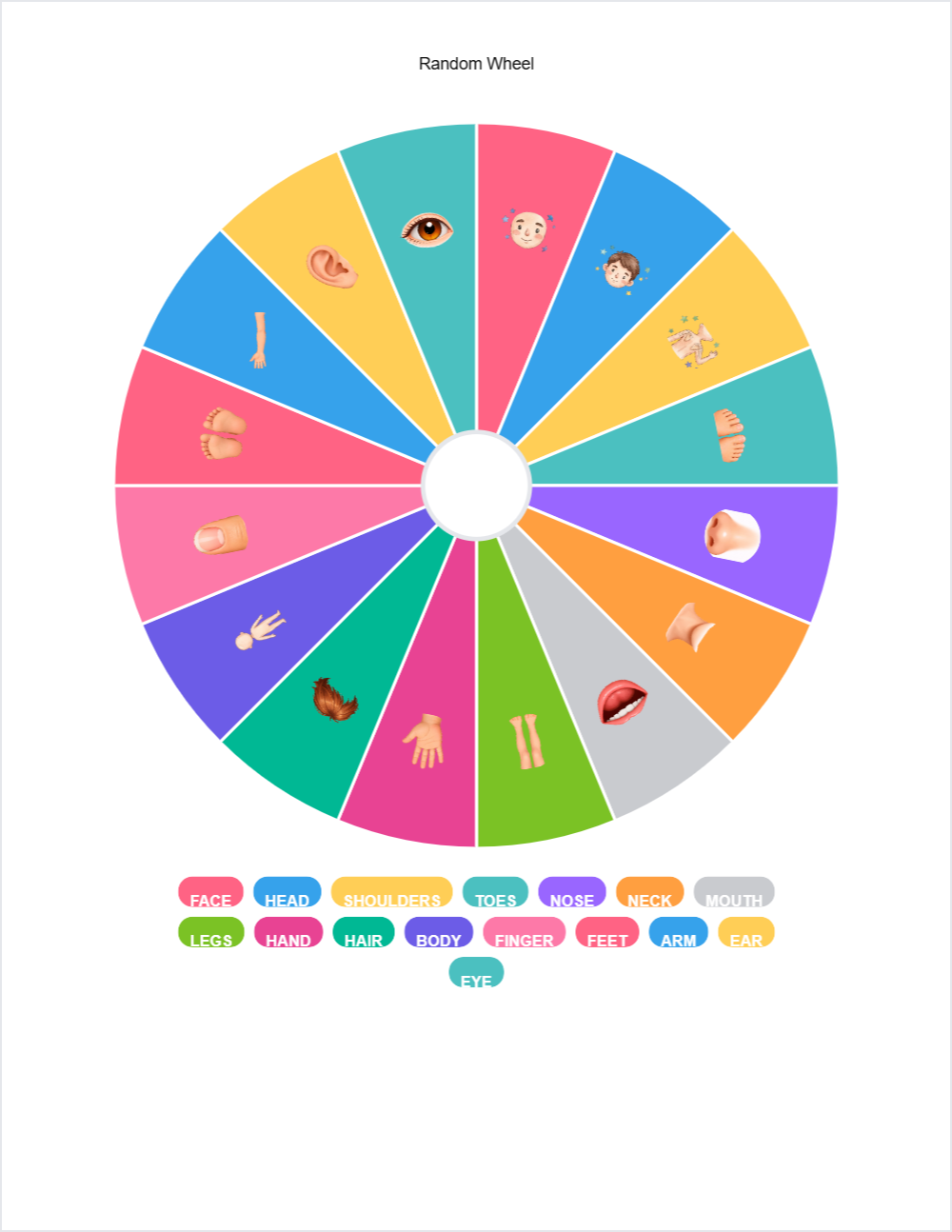 🧍♀️ Body Parts randomwheel — printable worksheet preview — for Pre-K, Kindergarten, 1st Grade