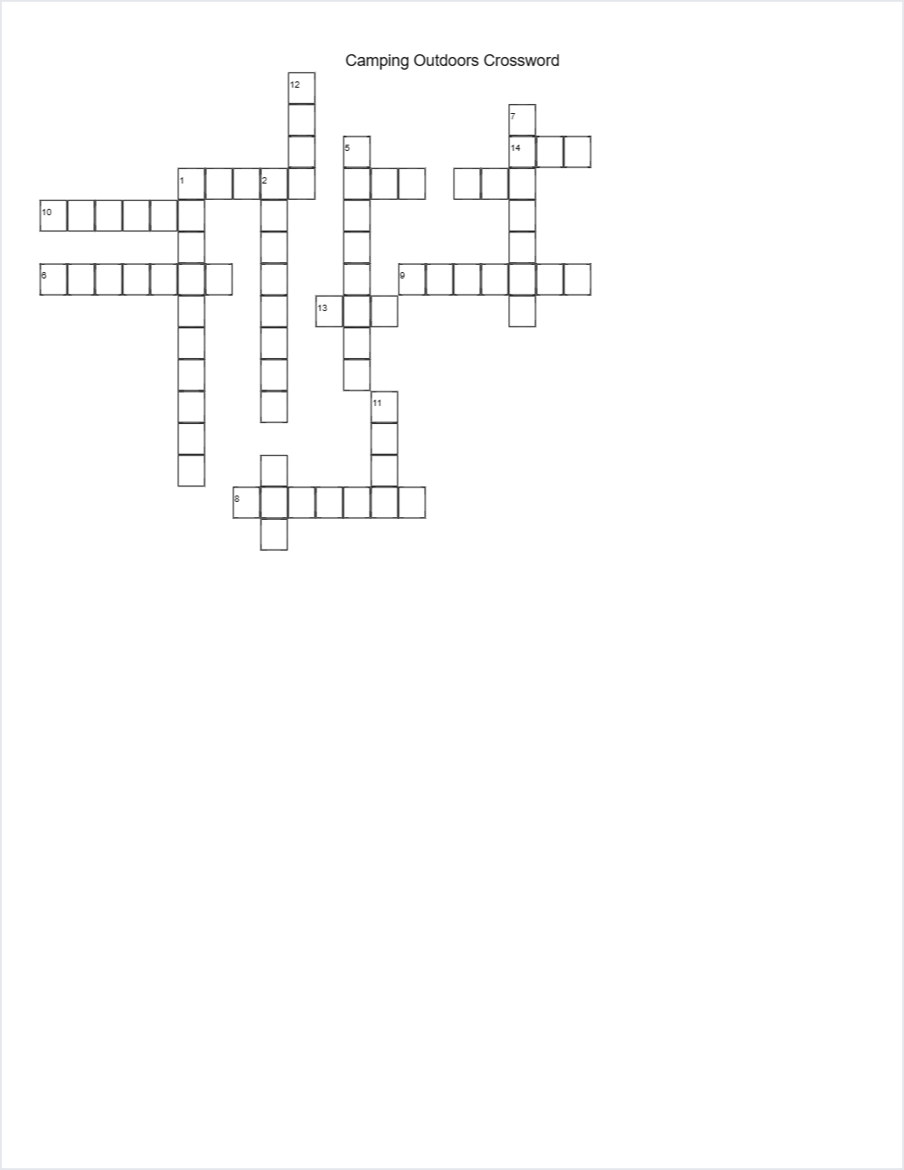 ⛺ Camping & Outdoors crossword — printable worksheet preview — for Kindergarten, 1st Grade, 2nd Grade