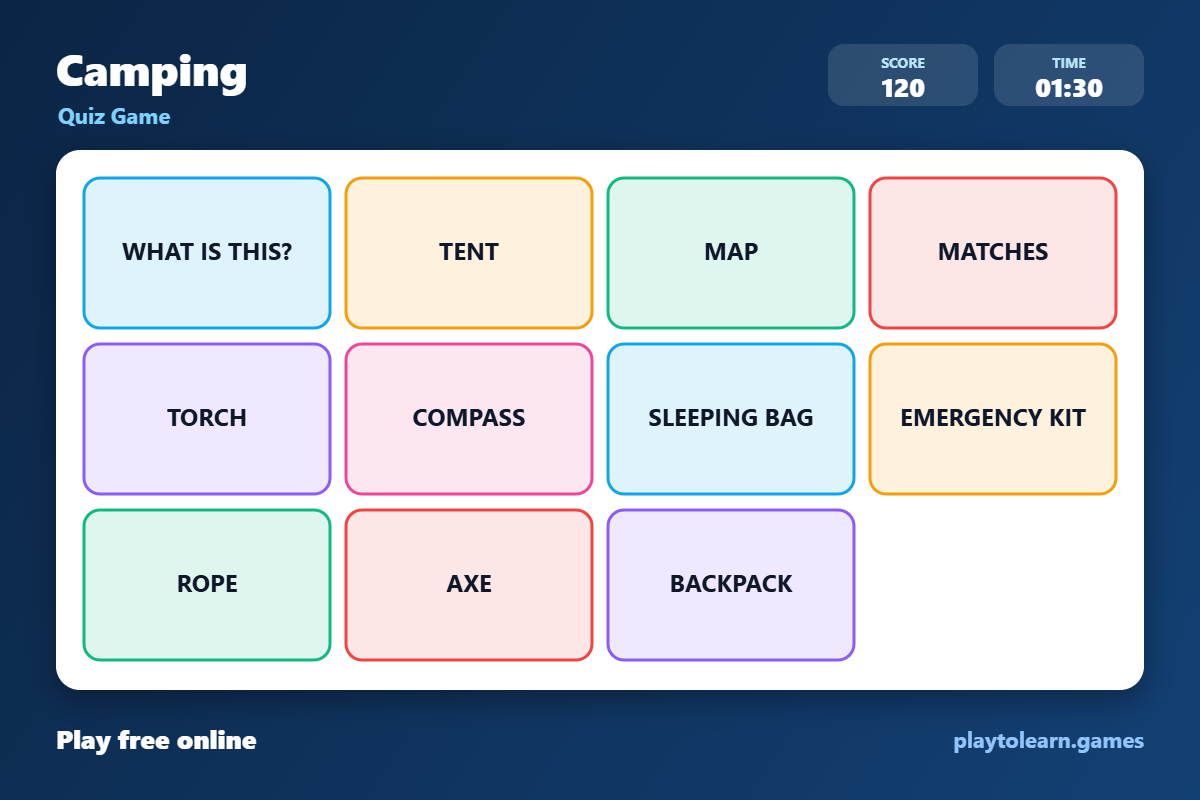 ⛺ Camping & Outdoors quiz game — printable worksheet preview — for 1st Grade, 2nd Grade, 3rd Grade