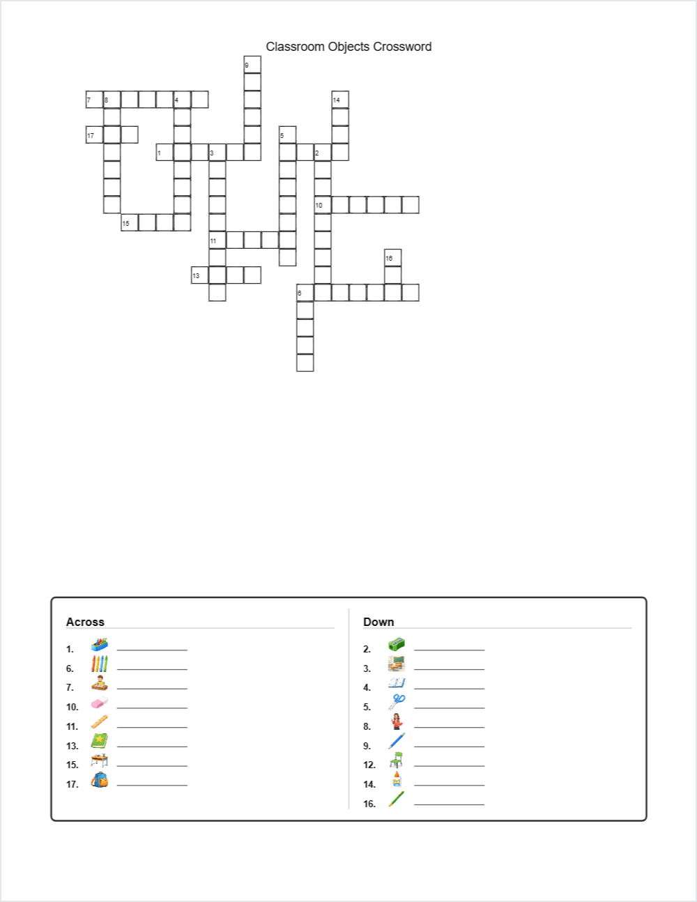 🏫 Classroom Objects crossword — printable worksheet preview — for Kindergarten, 1st Grade, 2nd Grade, 3rd Grade