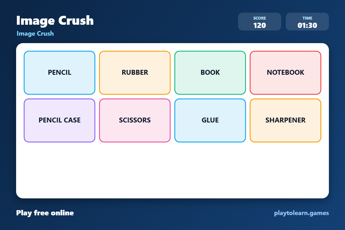 🏫 Classroom Objects image crush — printable worksheet preview — for Kindergarten, 1st Grade, 2nd Grade