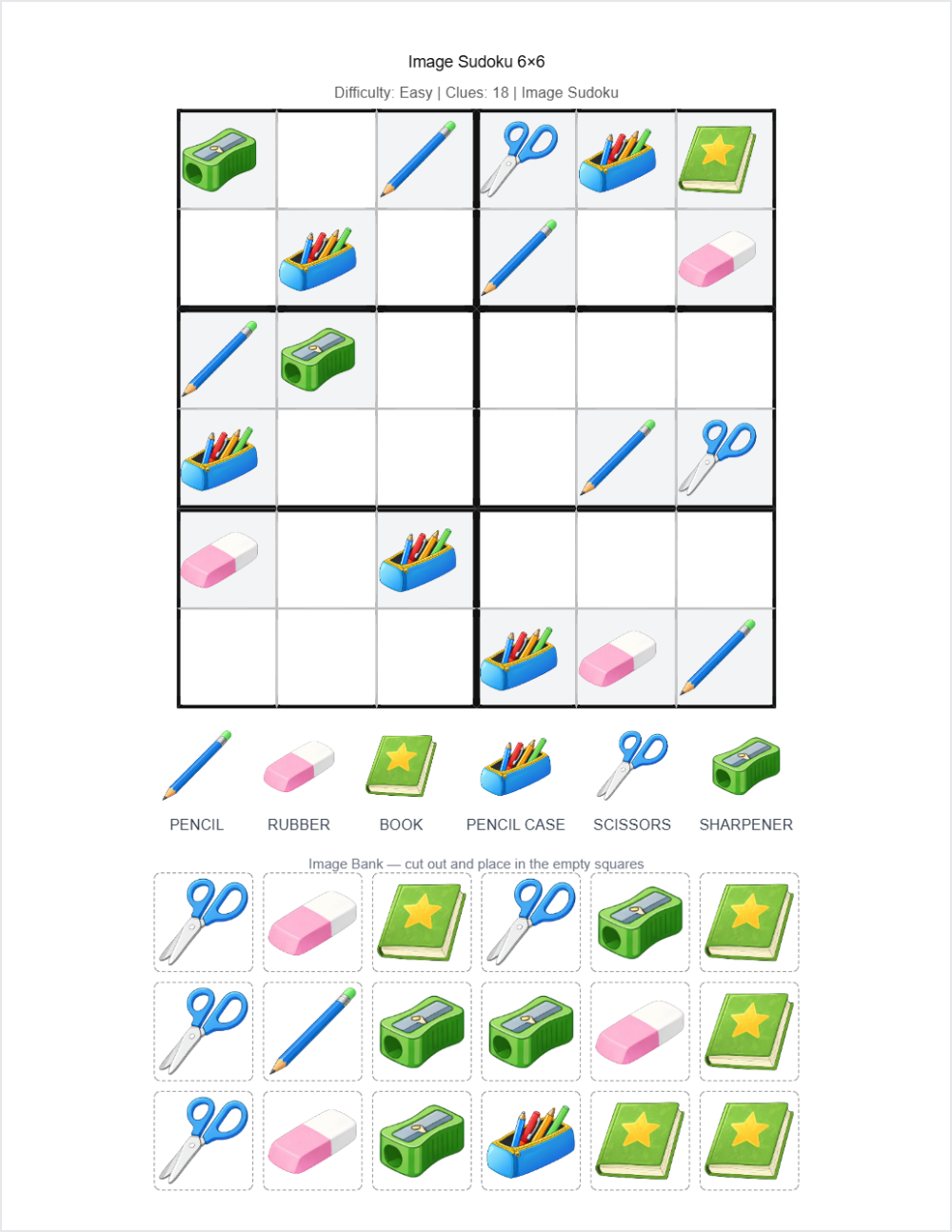 🏫 Classroom Objects sudoku — printable worksheet preview — for Kindergarten, 1st Grade, 2nd Grade