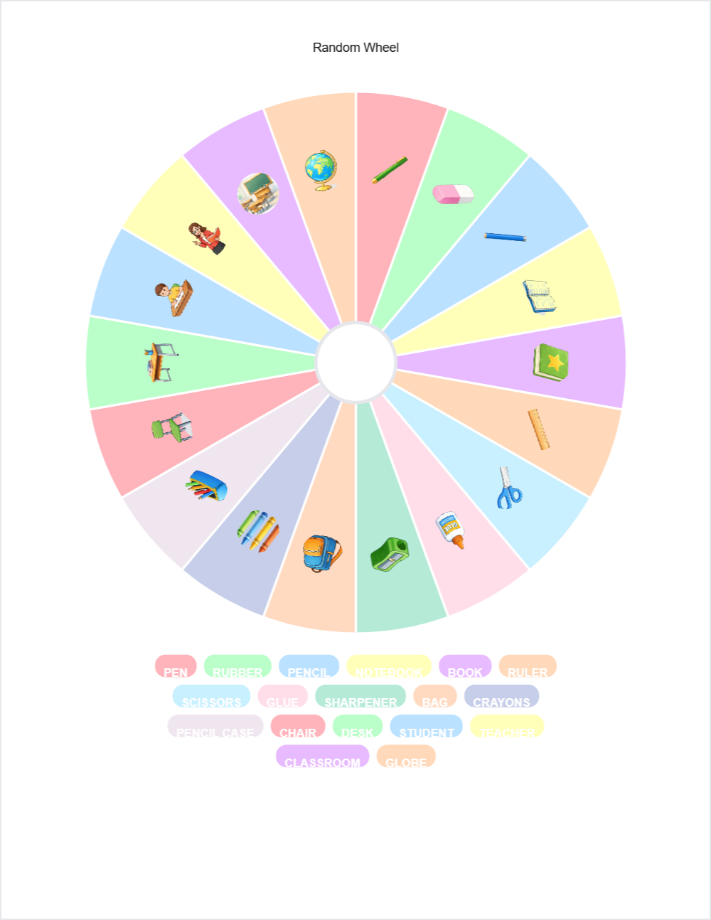 🏫 Classroom Objects randomwheel — printable worksheet preview — for Kindergarten, 1st Grade, 2nd Grade, 3rd Grade