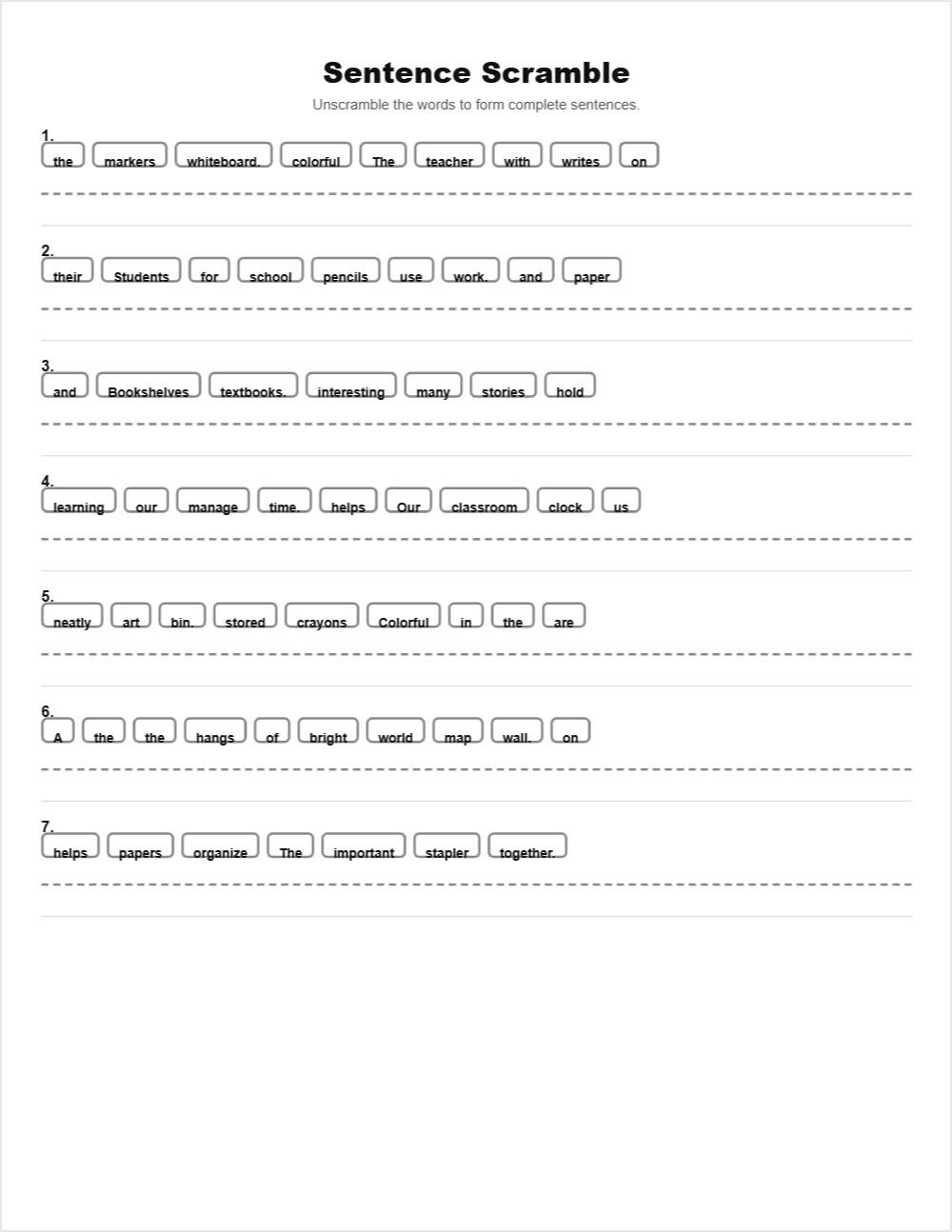 🏫 Classroom Objects sentence scramble — printable worksheet preview — for Kindergarten, 1st Grade, 2nd Grade