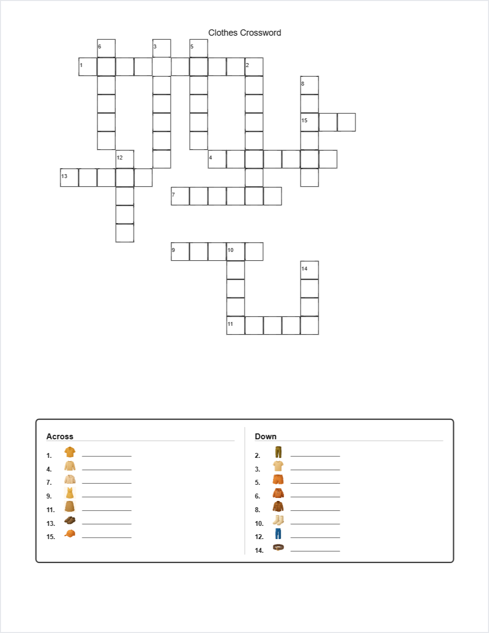 👕 Clothes crossword — printable worksheet preview — for 1st Grade, 2nd Grade, 3rd Grade