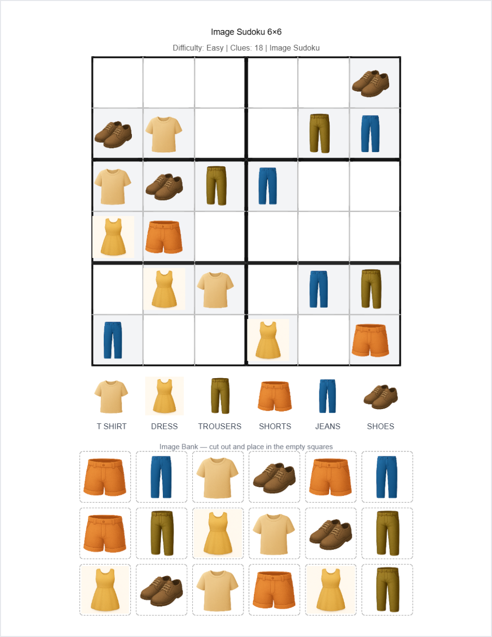 👕 Clothes sudoku — printable worksheet preview — for Kindergarten, 1st Grade, 2nd Grade