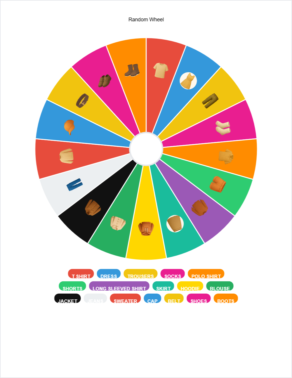 👕 Clothes randomwheel — printable worksheet preview — for Kindergarten, 1st Grade, 2nd Grade, 3rd Grade