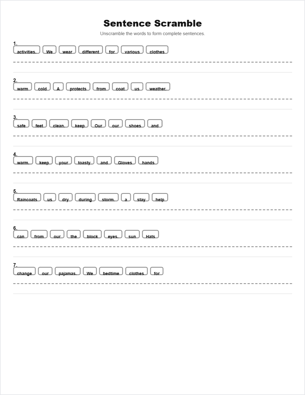 👕 Clothes sentence scramble — printable worksheet preview — for Kindergarten, 1st Grade