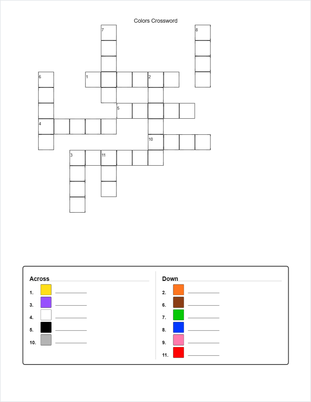 🌈 Colors crossword — printable worksheet preview — for Kindergarten, 1st Grade, 2nd Grade