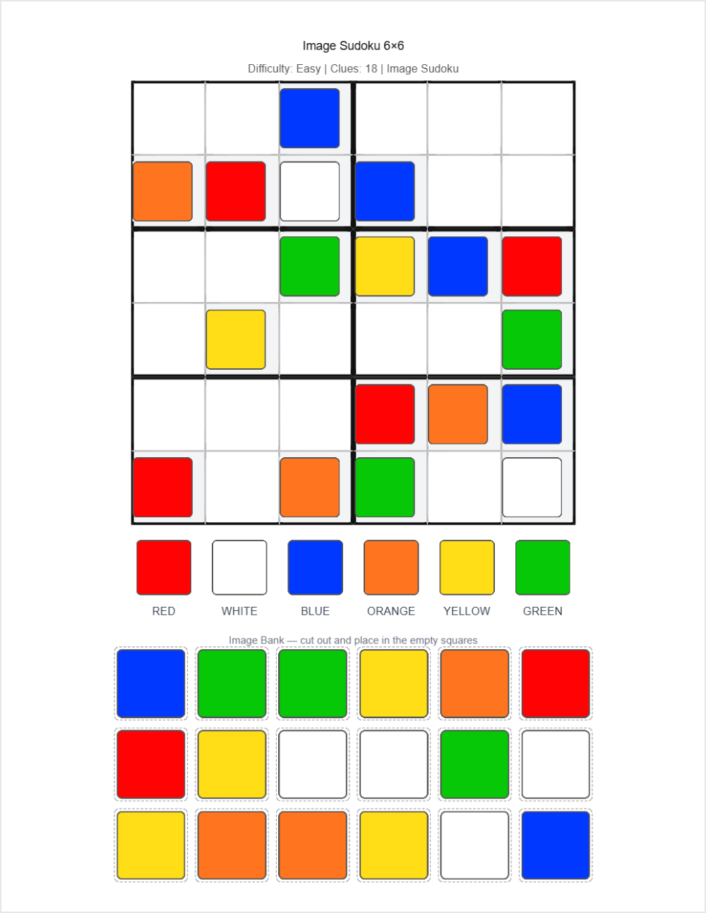 ๐ Colors sudoku โ printable worksheet preview โ for Kindergarten, 1st Grade, 2nd Grade