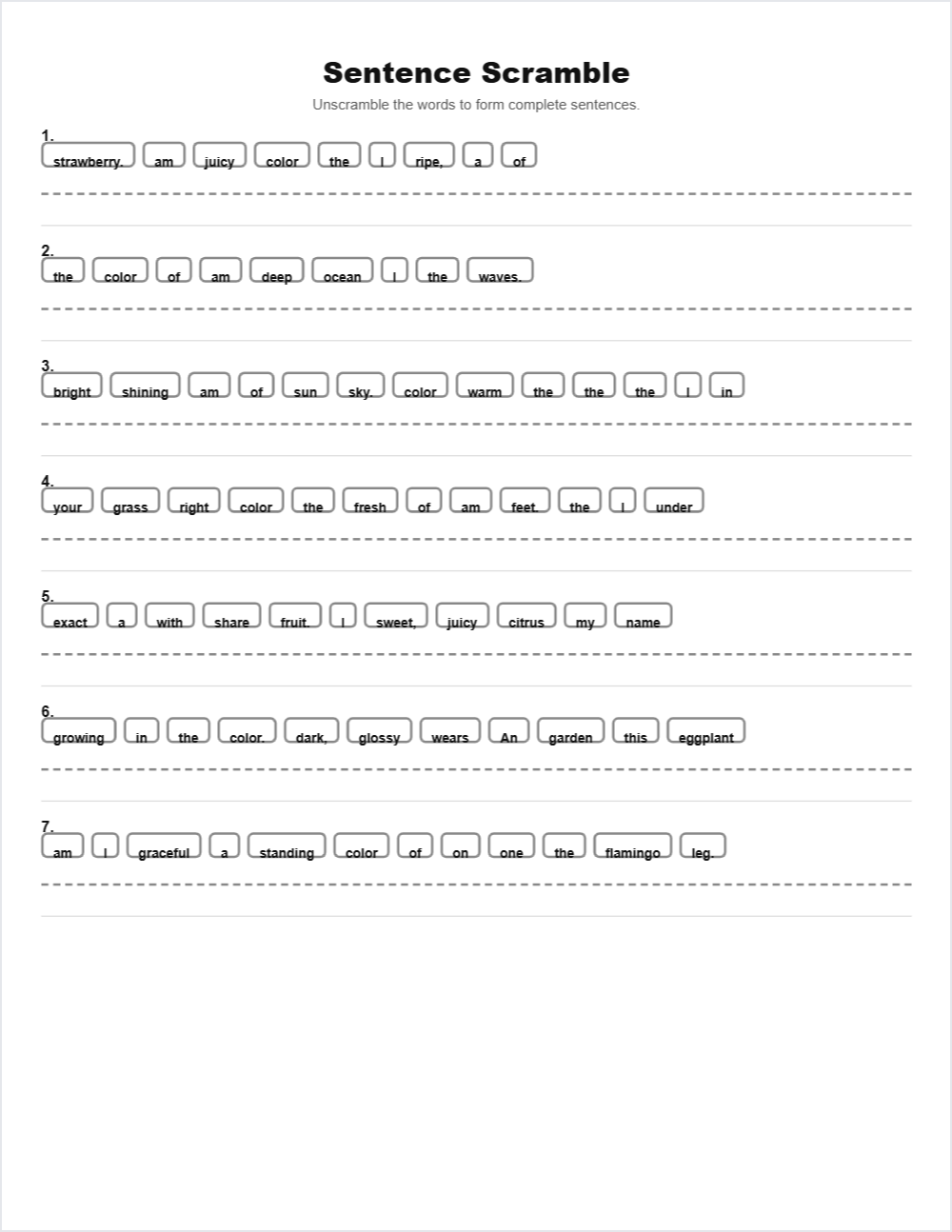 🌈 Colors sentence scramble — printable worksheet preview — for Kindergarten, 1st Grade, 2nd Grade, 3rd Grade, 4th Grade