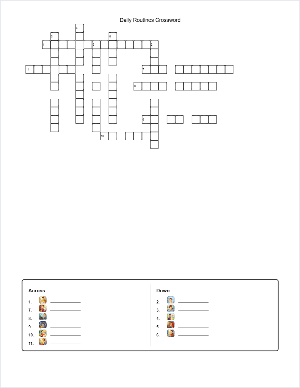 ⏰ Daily Routines crossword — printable worksheet preview — for Kindergarten, 1st Grade, 2nd Grade