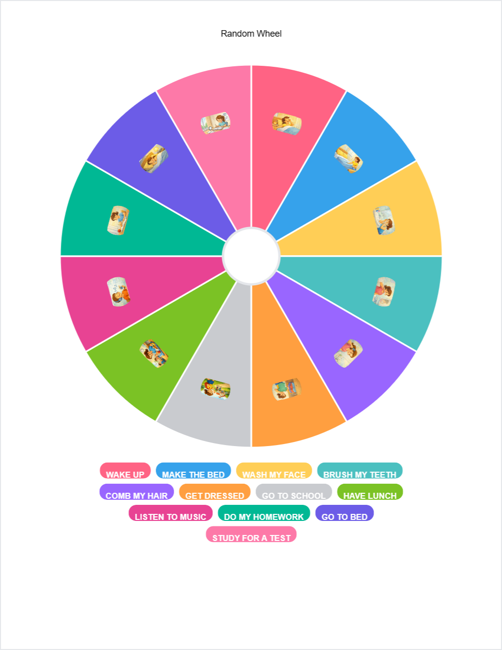 ⏰ Daily Routines randomwheel — printable worksheet preview — for Kindergarten, 1st Grade, 2nd Grade, 3rd Grade